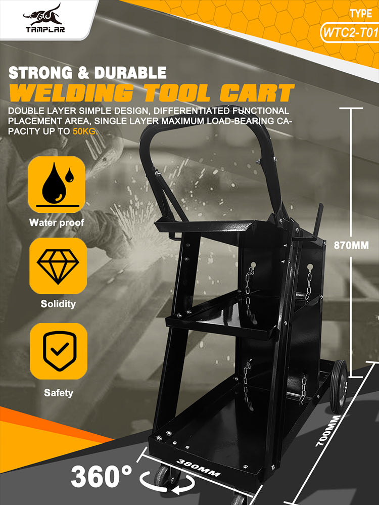 WTC3-T01 Wysokiej jakości wytrzymały wózek spawalniczy 3-poziomowy do spawarek MIG TIG, przecinarek plazmowych, warsztatowy wózek na narzędzia z łańcuchem do butli gazowych