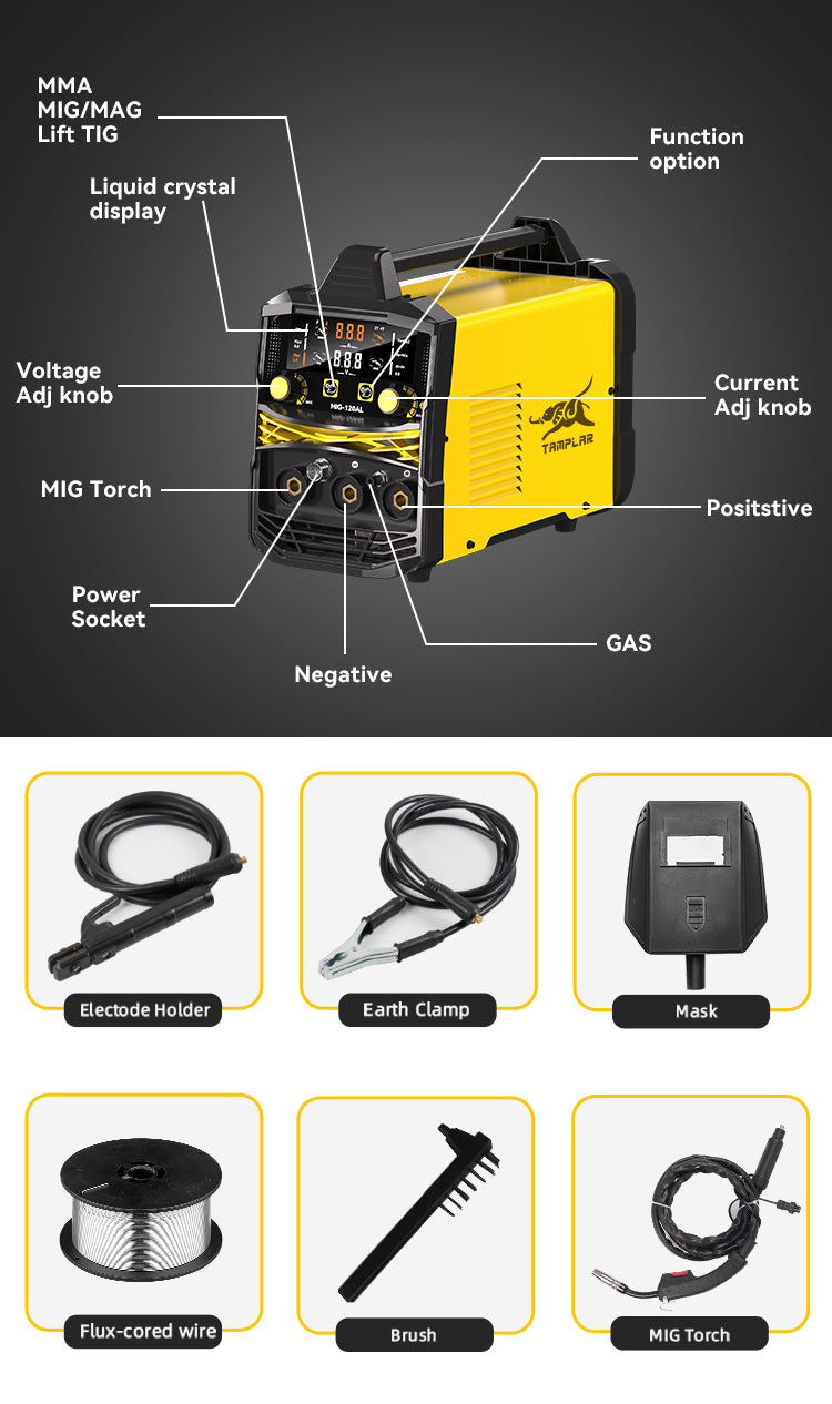 MIG-120AL TAMPLAR Aluminum Welder 120A 110V or 220V 5 in 1 mig Welding Machine portable Gas/Gasless Flux MIG/Lift TIG/Stick weld