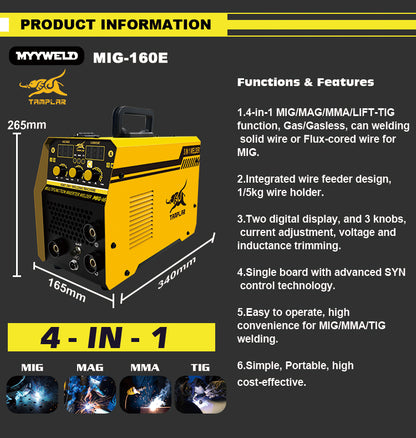 MIG-160E New design 4 in 1 mag mig mma tig welding machine portable 1/5KG gas or gasless welder 140a 220V arc welder mig welding