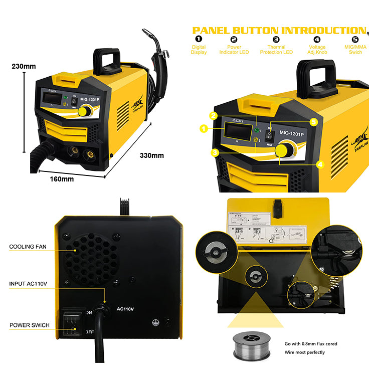 MIG-1201P Factory OEM hot Sales plastic style 2 in 1 Mma Mig 1Kg Wire Holder Metal Gasless Plastic 110V Mig Welding Machine