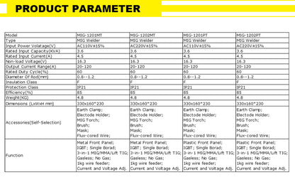 MIG-1201MT Nouveau Soudeuse 3 en 1 Mma Tig Mig 120Amp 110V IGBT Métal Panneau Avant Sans Gaz Soudeuses Machine de Soudage Mig Portable