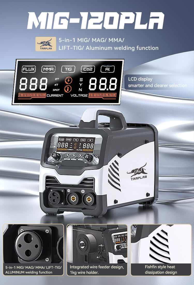 715MIG-120PLA Factory 5-in-1 Welder with Lift TIG, OEM for Welding Aluminum/Steel, LCD Display No Gas