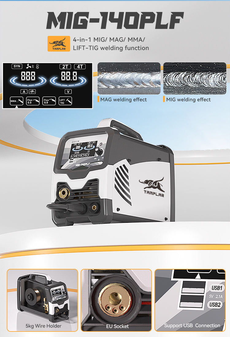 715MIG-140PLF 5kg LCD Inverter Welding Machine 4-in-1 Portable No Gas and Gas mig Welder for MMA & Lift TIG