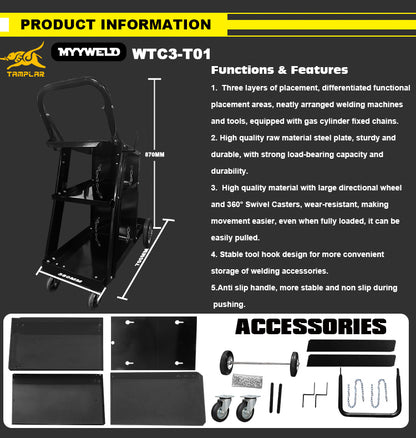 WTC3-T01 High Quality Heavy Duty for MIG TIG Welder Plasma Cutter 3 Tier Moving workshop welding trolley Gas Cylinder chain tool Cart